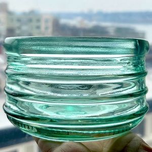 Vintage Sea Green Glass Bowl Ribbed Aqua Teal Industrial Insulator Candle Holder